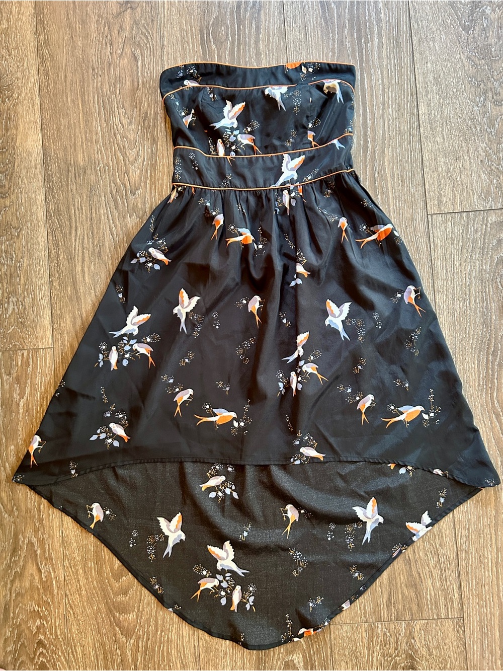 American Rag Black Strapless Hi-Low Dress with White & Orange Bird Print